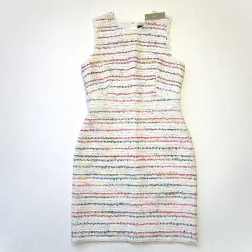 NWT J.Crew Sheath in Ivory Rainbow Multi Tweed Sleeveless Fringe Dress 10